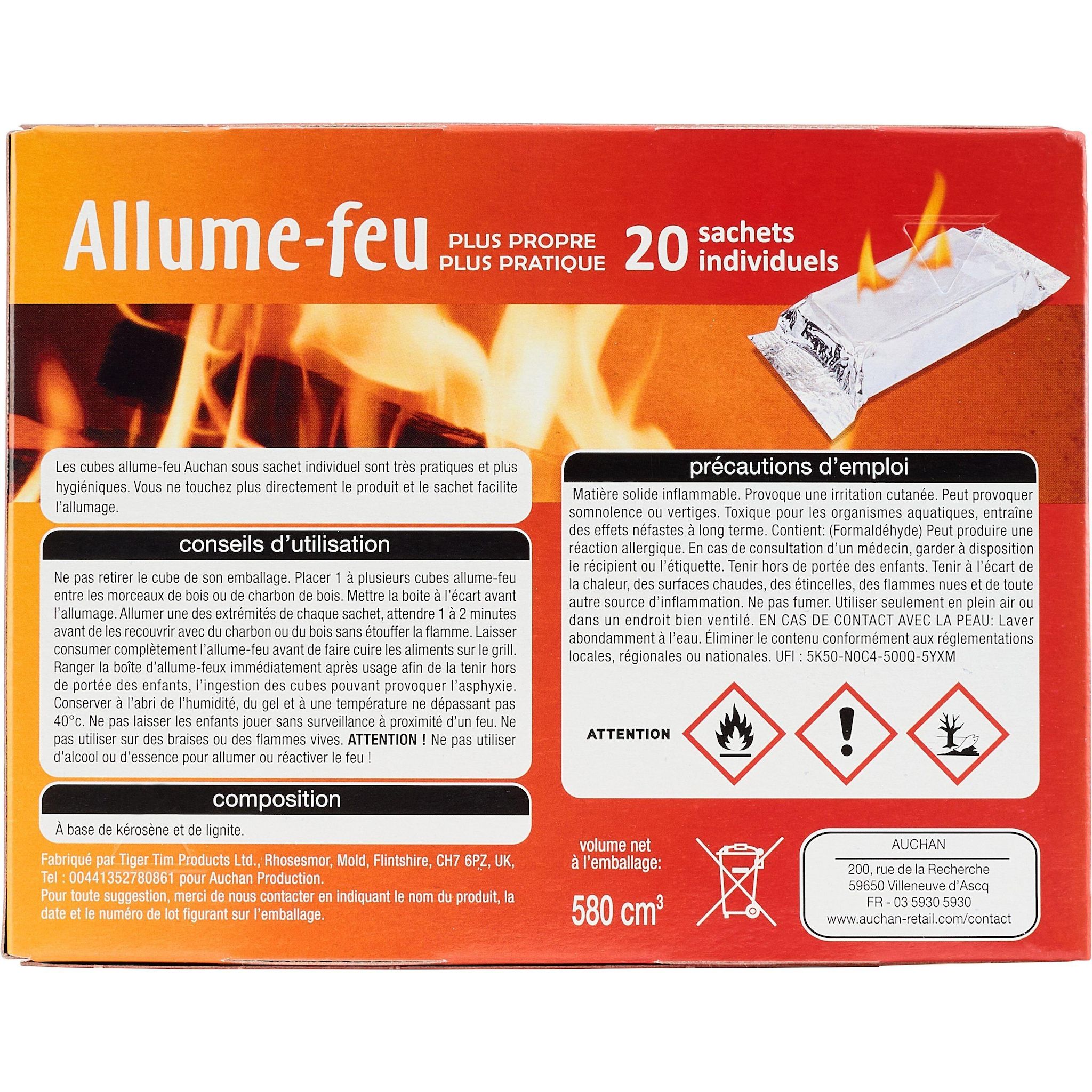 Voir la diapositive 2 : AUCHAN Allume-feux en sachets individuels 20 sachets