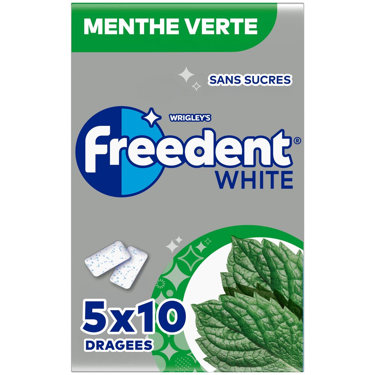 FREEDENT White chewing-gums sans sucres menthe verte 5x10 dragées 70g
