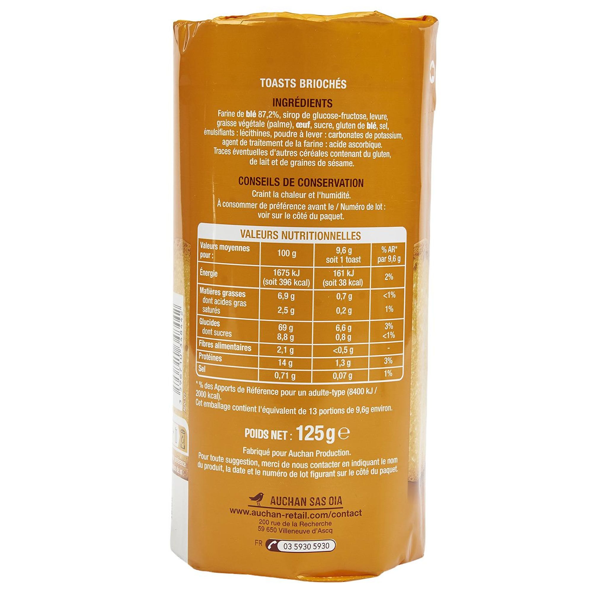 Voir la diapositive 4 : AUCHAN Toasts briochés nature 13 toasts 125g