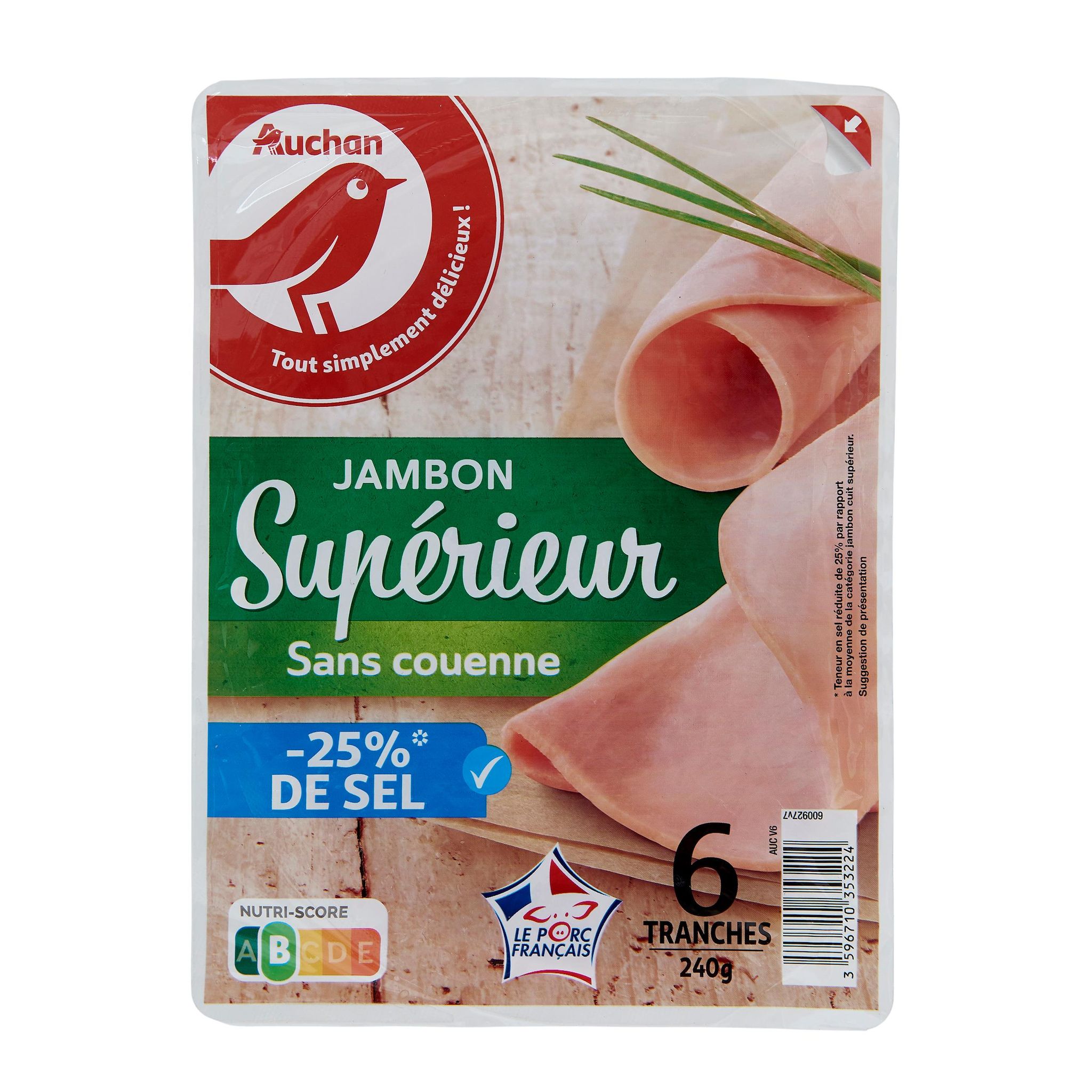 Voir la diapositive 3 : AUCHAN Jambon supérieur réduit en sel 6 tranches 240g