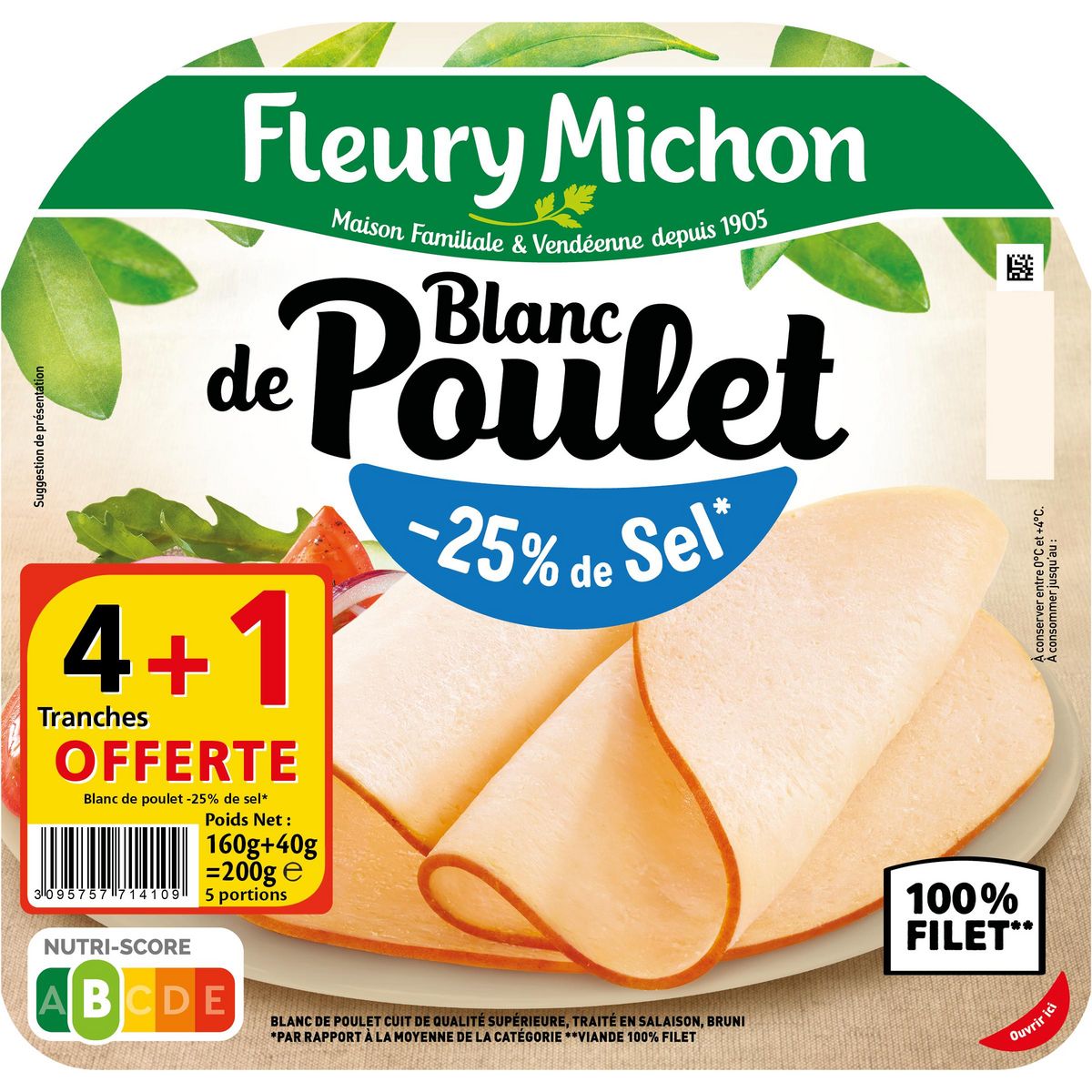 FLEURY MICHON Blanc de poulet 100% réduit en sel 4+1 offerte 200g