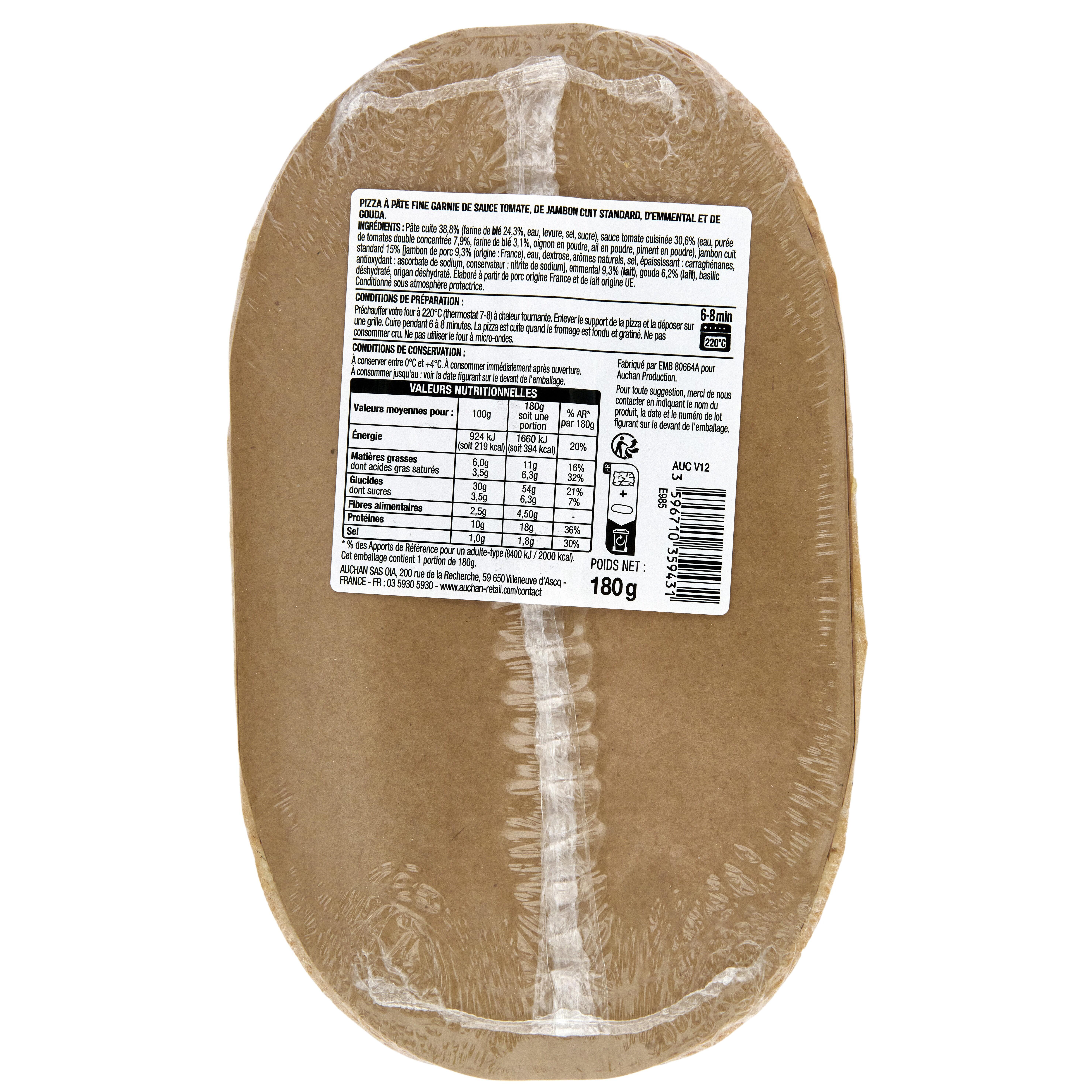 Voir la diapositive 2 : AUCHAN Mini pizza jambon fromage 1 part 180g