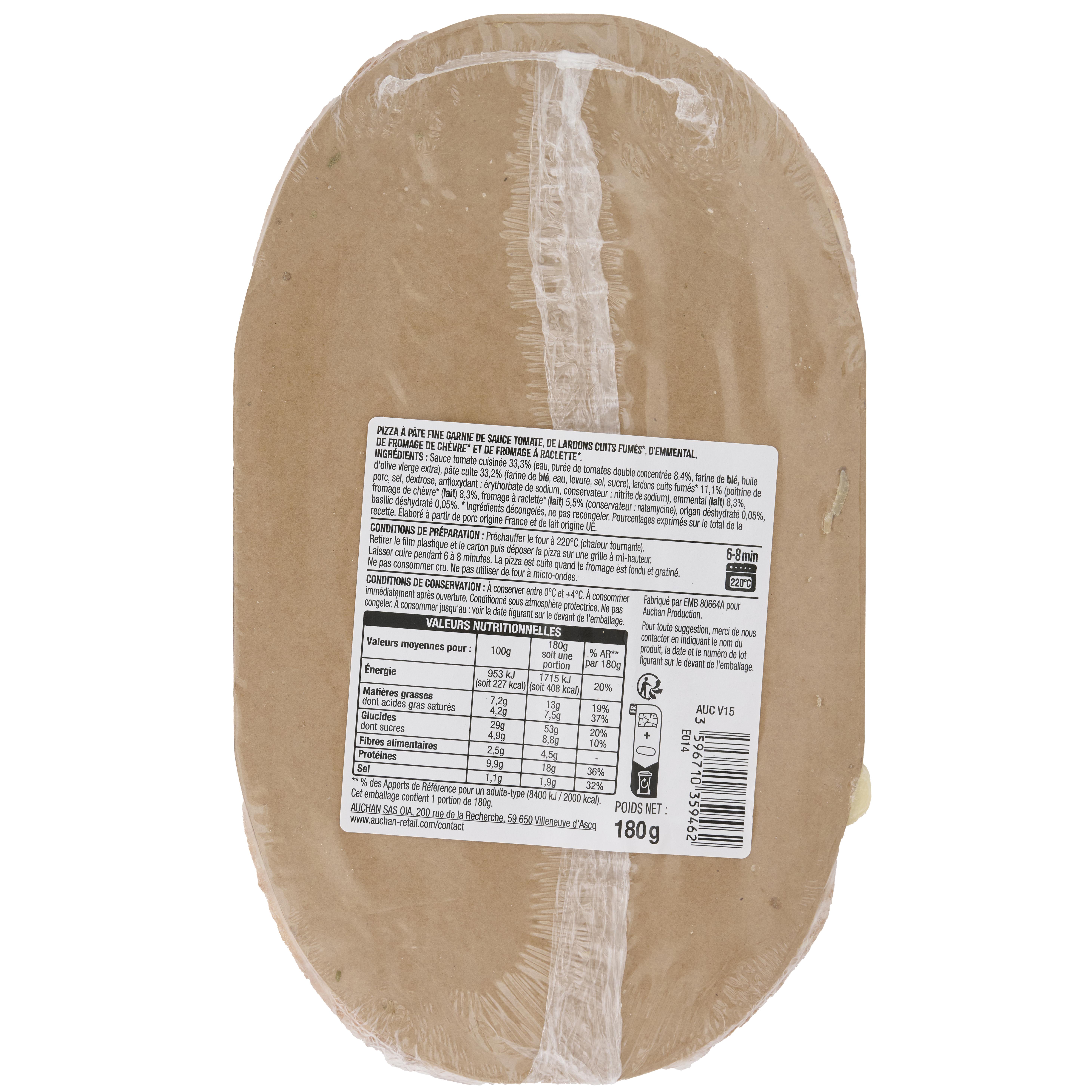 Voir la diapositive 2 : AUCHAN Mini pizza chèvre et lardons fumés 1 part 180g