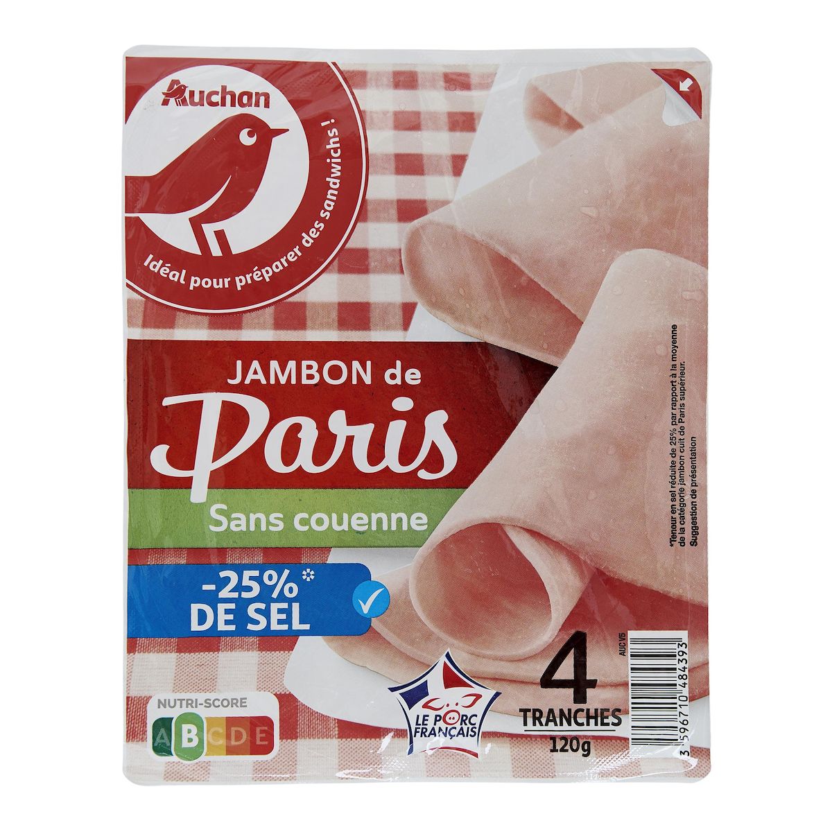 AUCHAN Jambon de Paris réduit en sel 4 tranches 120g
