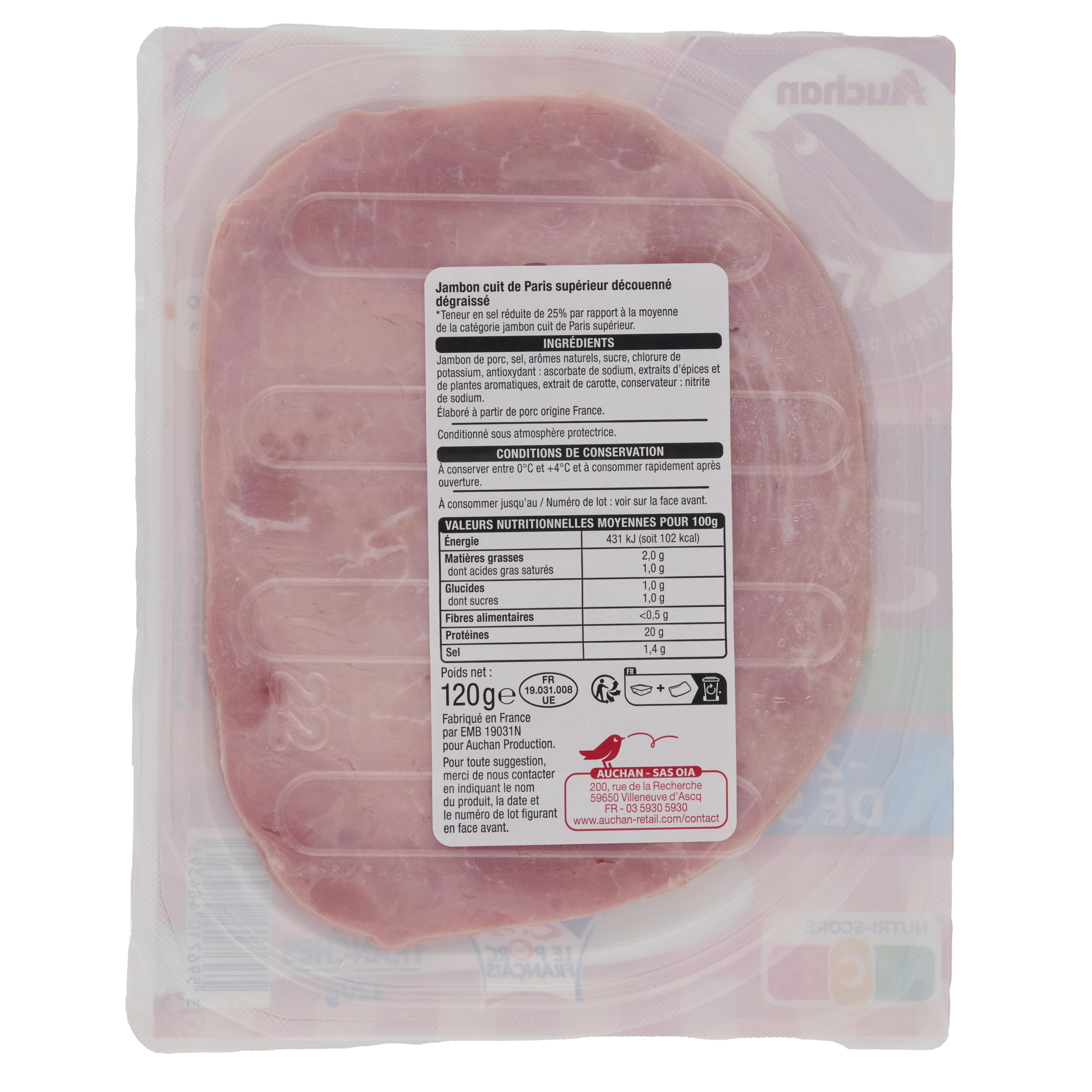 Voir la diapositive 3 : AUCHAN Jambon de Paris réduit en sel 4 tranches 120g