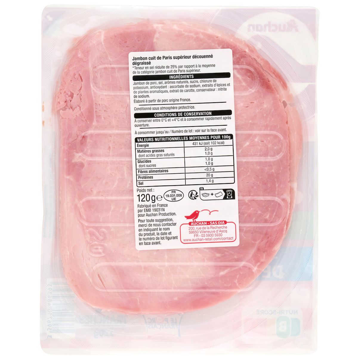 AUCHAN Jambon de Paris réduit en sel 4 tranches 120g