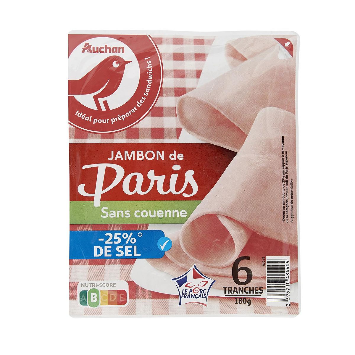 AUCHAN Jambon de Paris réduit en sel 6 tranches 180g