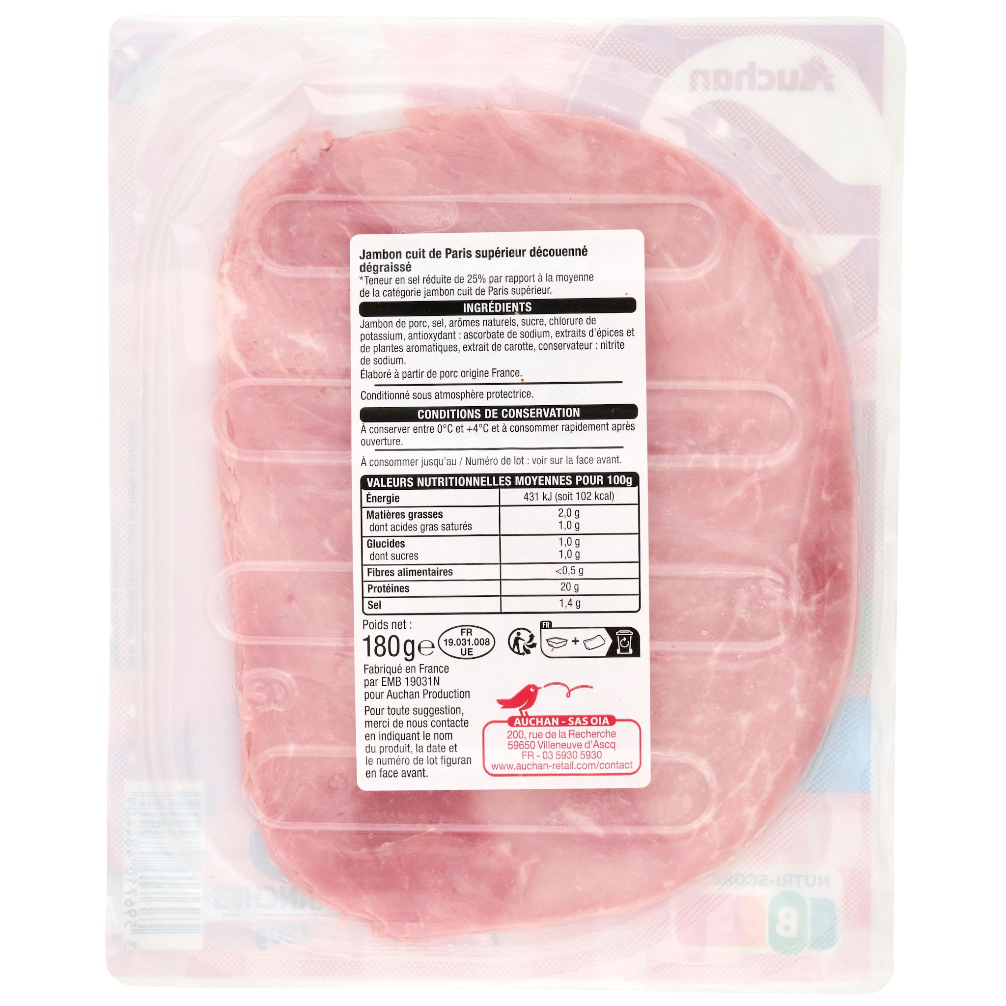 Voir la diapositive 2 : AUCHAN Jambon de Paris réduit en sel 6 tranches 180g
