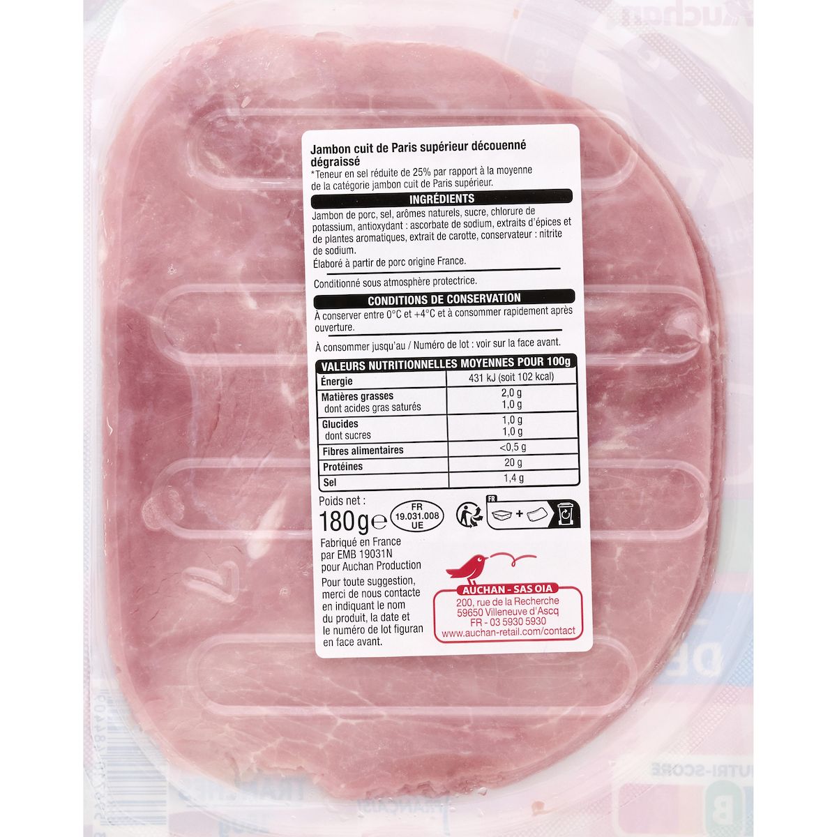 AUCHAN Jambon de Paris réduit en sel 6 tranches 180g