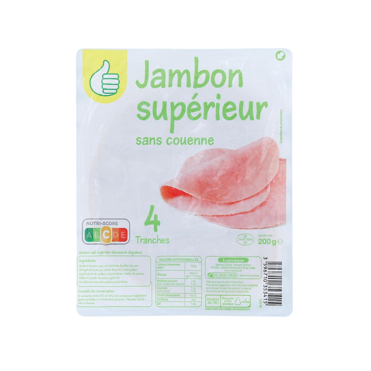 POUCE Jambon cuit supérieur 4 tranches 200g
