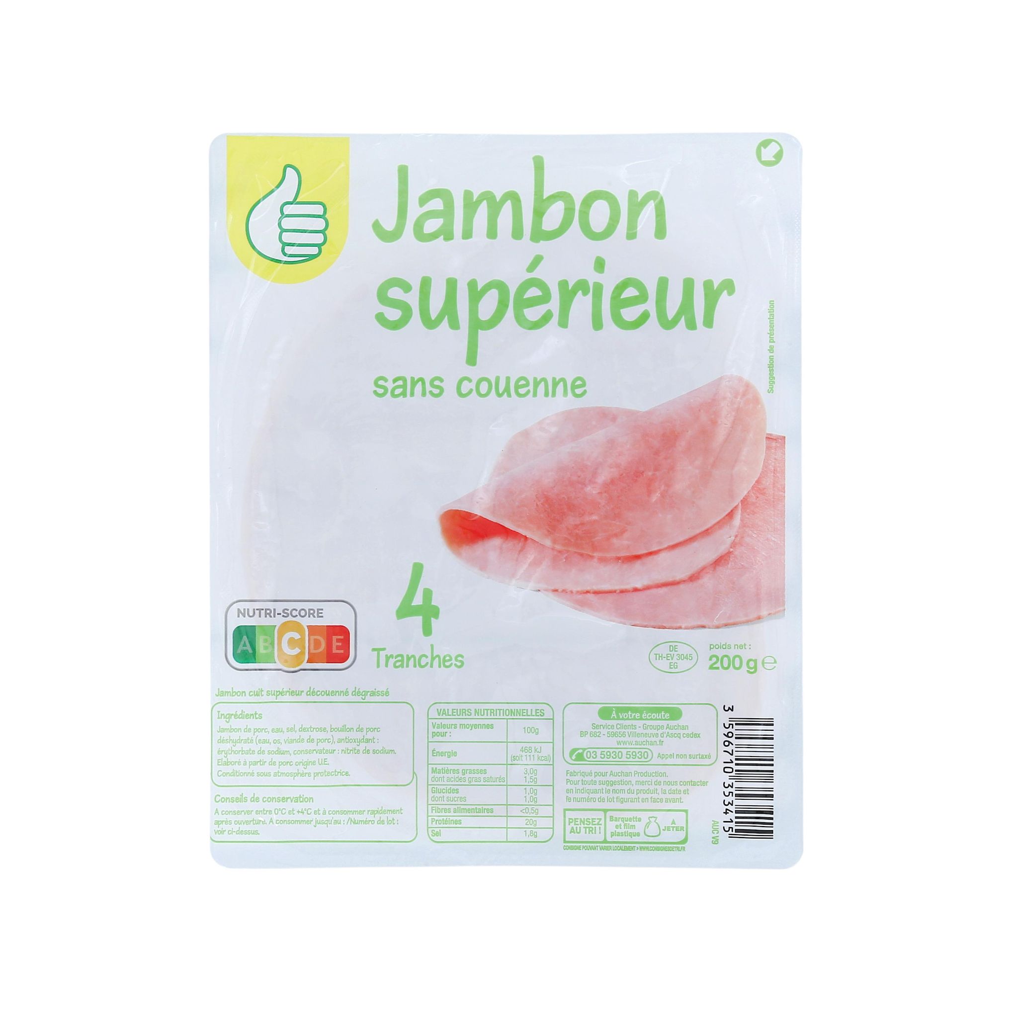 Voir la diapositive 2 : POUCE Jambon cuit supérieur 4 tranches 200g