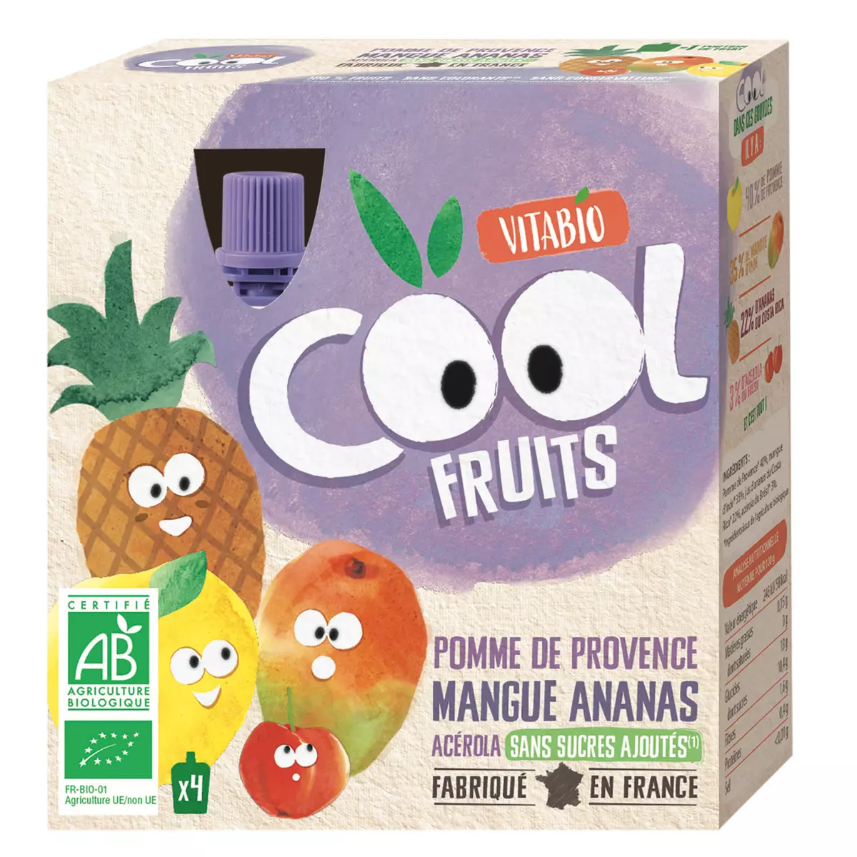 VITABIO Gourdes pomme de Provence mangue ananas Cool Fruits 4 gourdes 4x90g