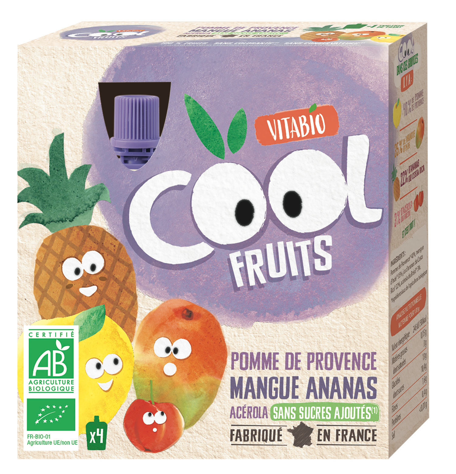 Voir la diapositive 2 : VITABIO Cool Fruits Gourdes compote de pomme mangue ananas acérola bio sans sucres ajoutés 4x90g