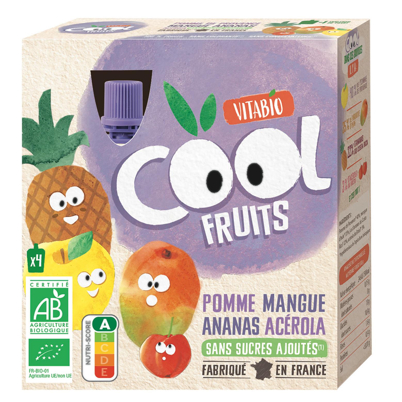 Voir la diapositive 3 : VITABIO Cool Fruits Gourdes compote de pomme mangue ananas acérola bio sans sucres ajoutés 4x90g