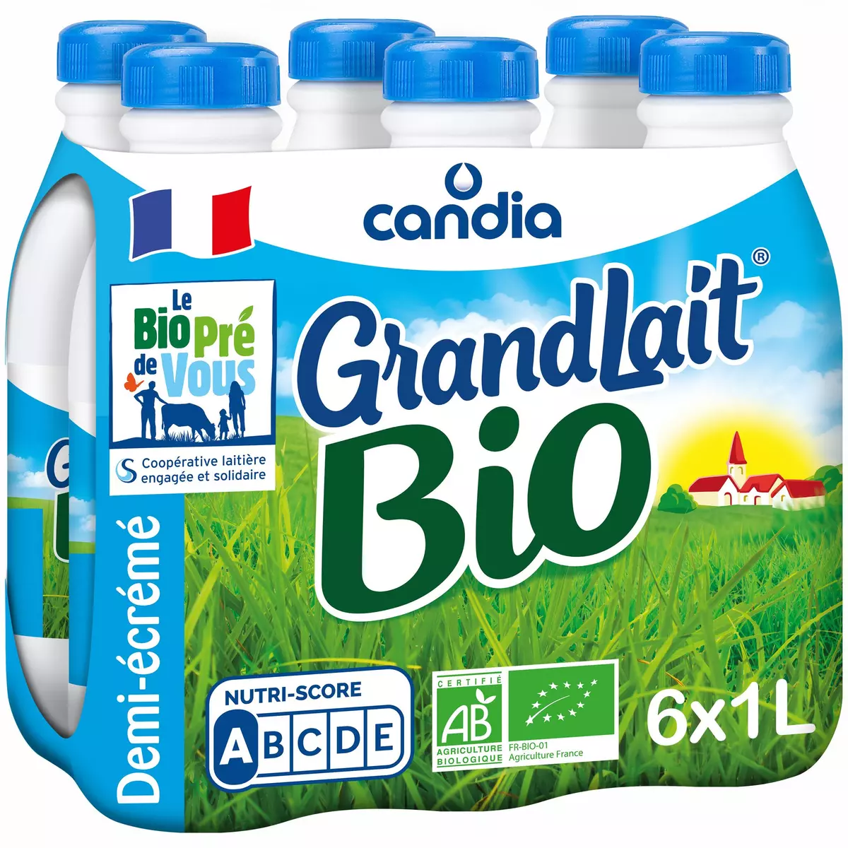 CANDIA Grandlait - Lait demi-écrémé UHT bio 6x1L