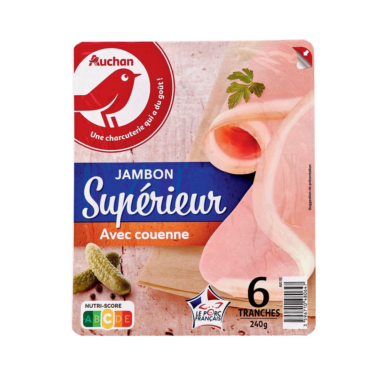 AUCHAN Jambon supérieur avec couenne 6 tranches 240g