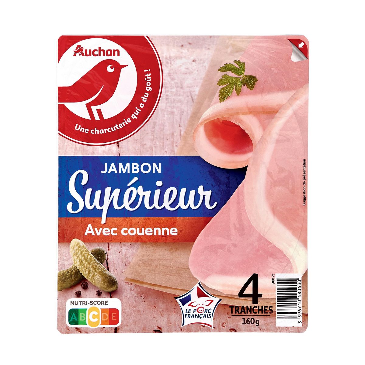 AUCHAN Jambon supérieur avec couenne 4 tranches 160g
