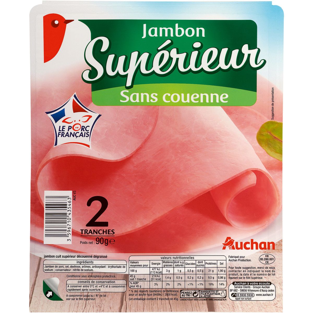 AUCHAN Jambon supérieur cuit à l'étouffée 2 tranches 90g