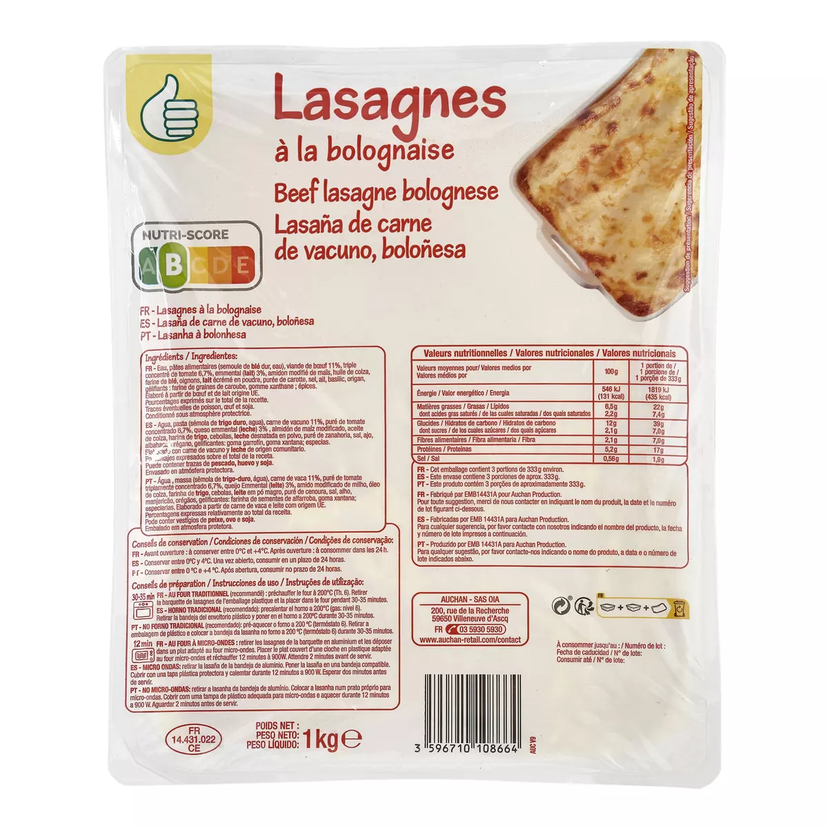 POUCE Lasagnes à la bolognaise 1kg