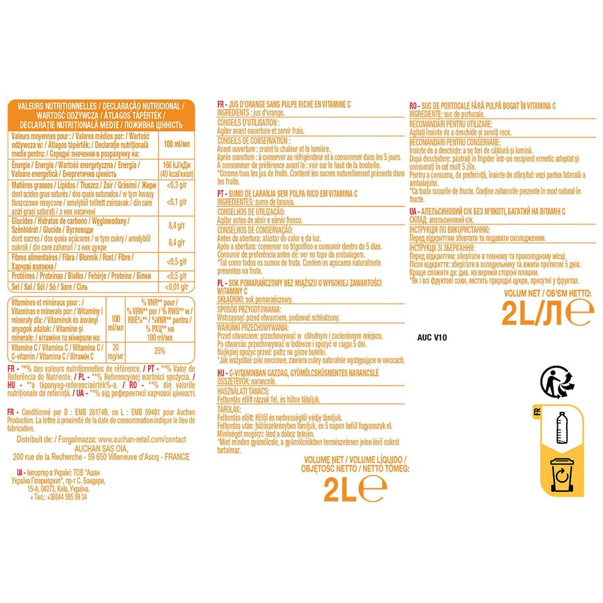 AUCHAN Pur jus d'orange sans pulpe 2l