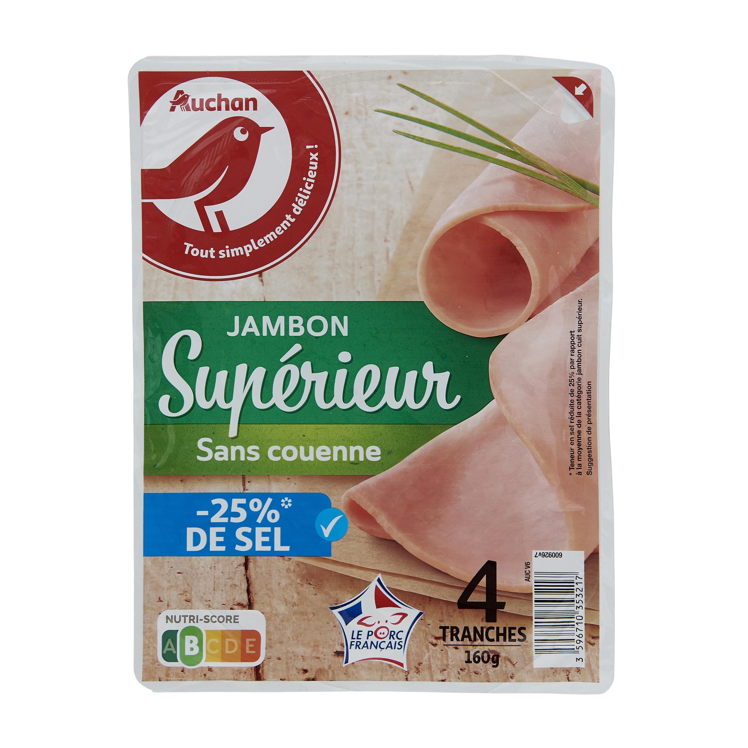 Voir la diapositive 2 : AUCHAN Jambon supérieur réduit en sel 4 tranches 160g