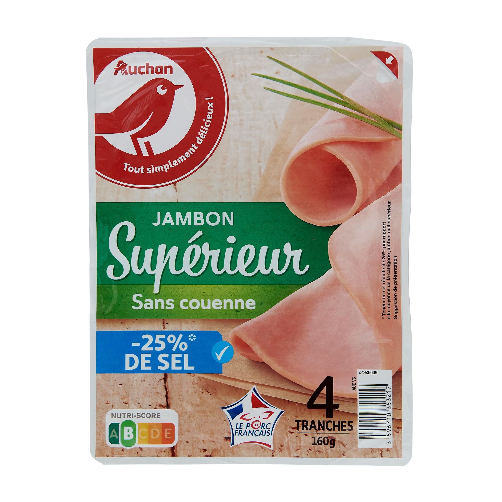 Voir la diapositive 2 : AUCHAN Jambon supérieur réduit en sel 4 tranches 160g