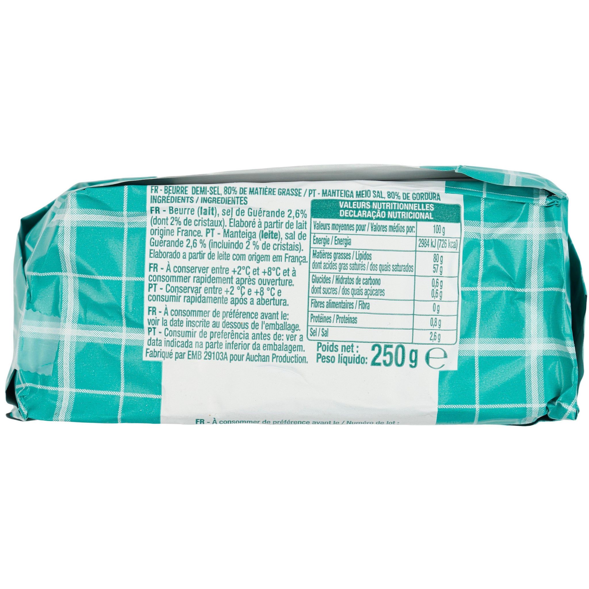 Voir la diapositive 3 : AUCHAN Beurre moulé aux cristaux de sel de Guérande 250g