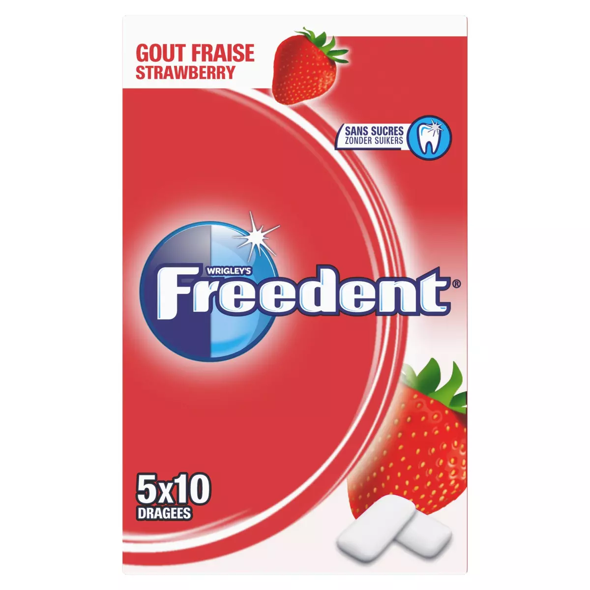FREEDENT Chewing-gums sans sucres goût fraise 5x10 dragées 70g