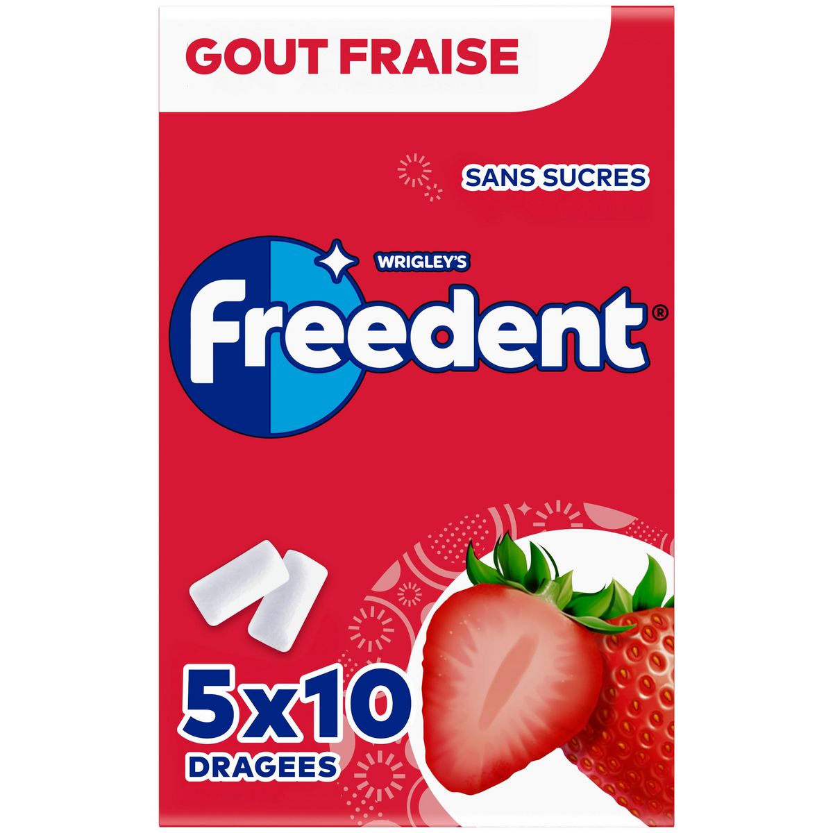 FREEDENT Chewing-gums sans sucres goût fraise 5x10 dragées 70g