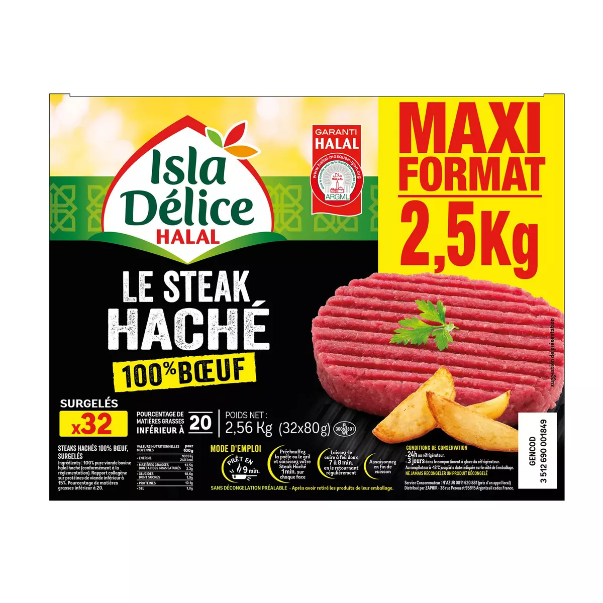 ISLA DELICE Steak haché 100% boeuf halal 32 pièces 2,56kg