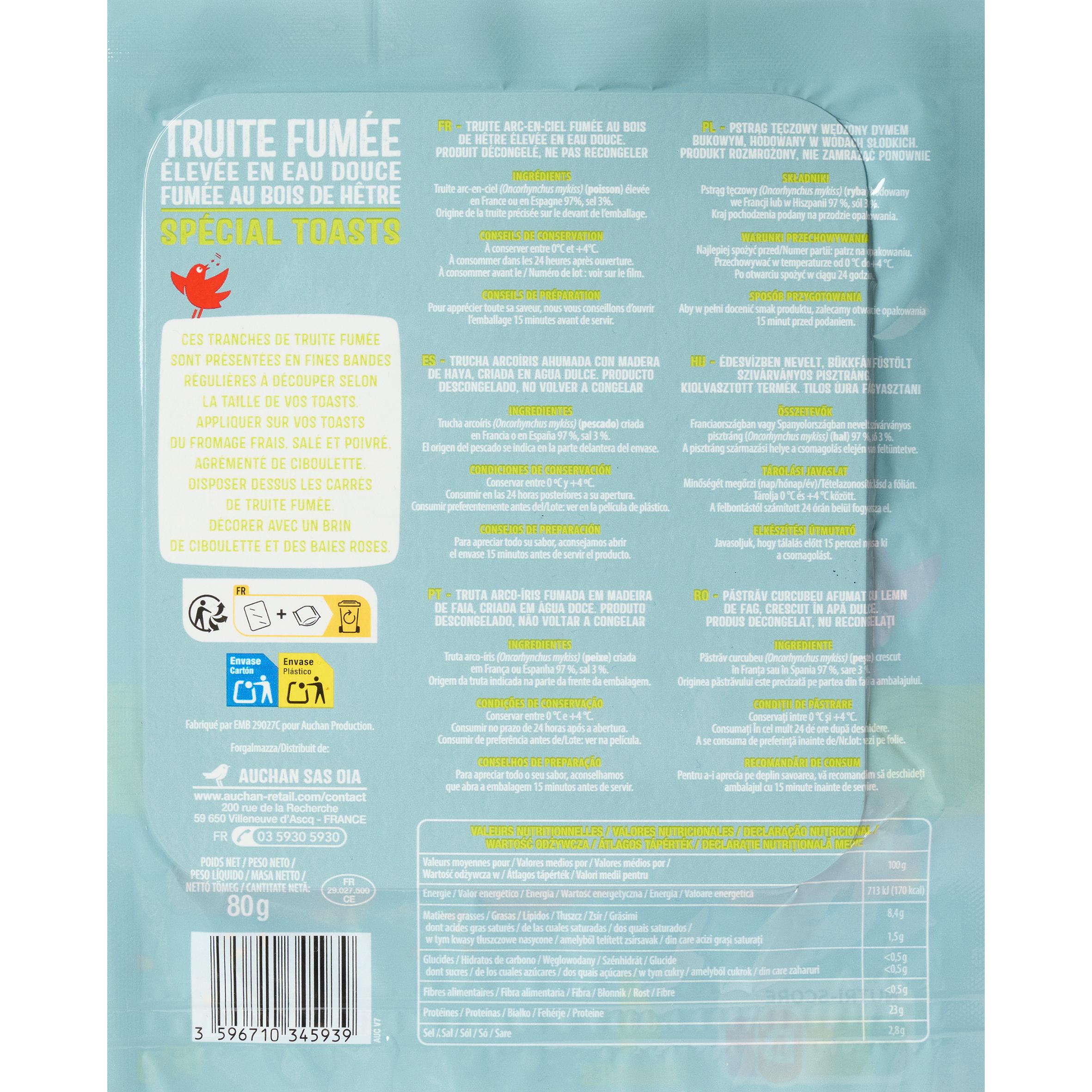Voir la diapositive 2 : AUCHAN Truite fumée spécial toast 4 tranches 80g