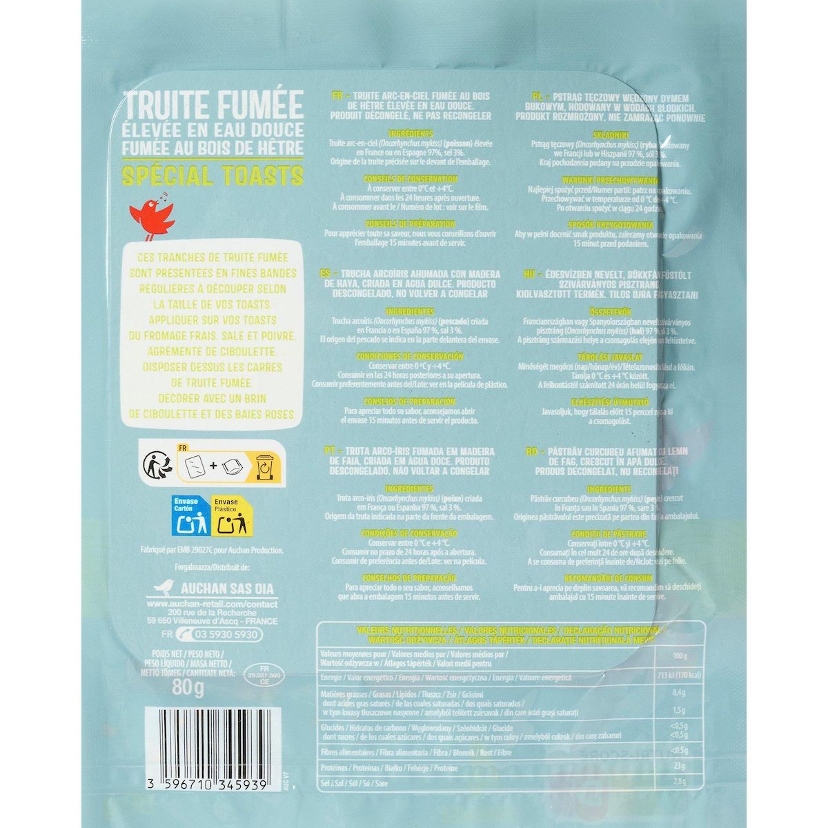 AUCHAN Truite fumée spécial toast 4 tranches 80g