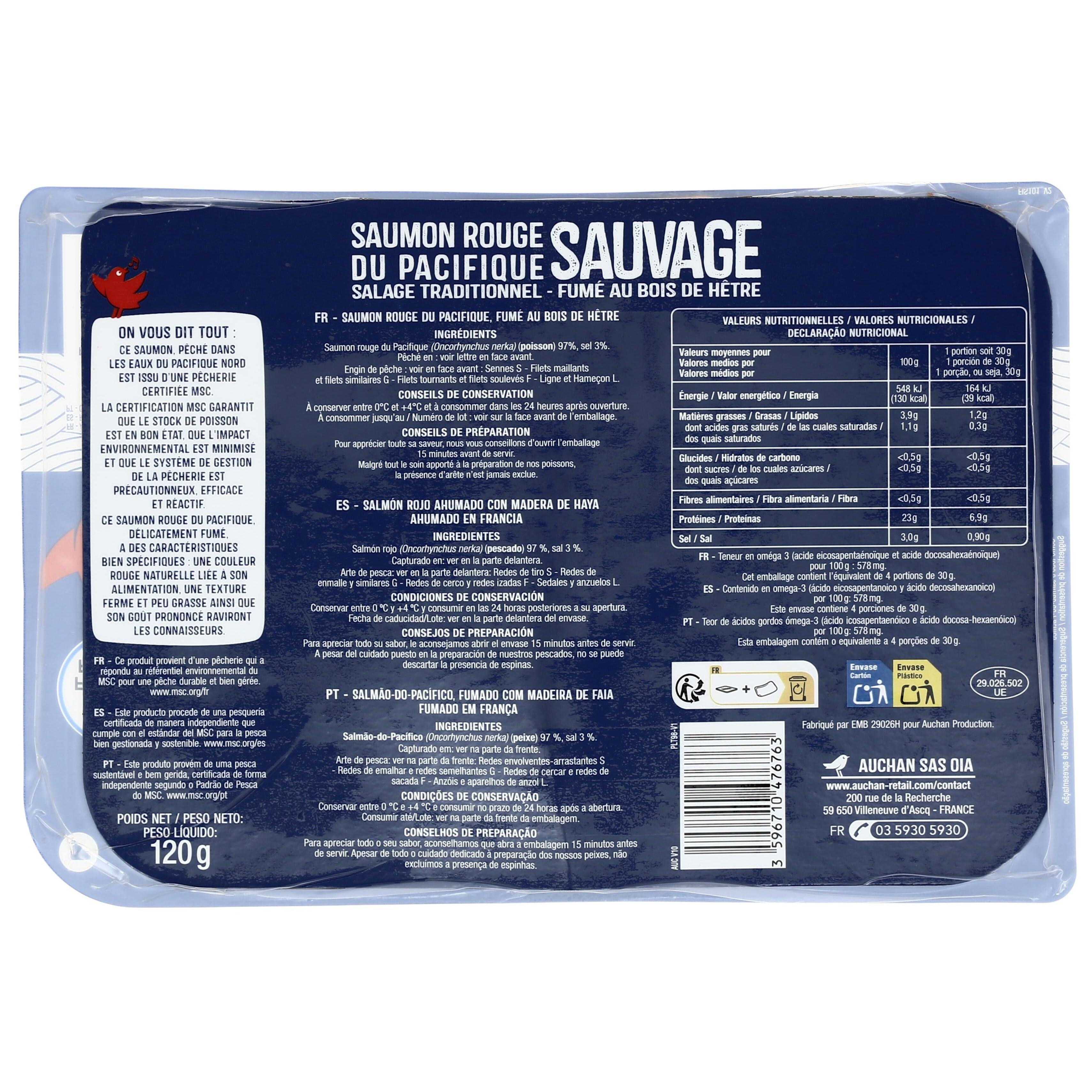 Voir la diapositive 2 : AUCHAN Saumon sauvage rouge du Pacifique fumé MSC 4 tranches 120g