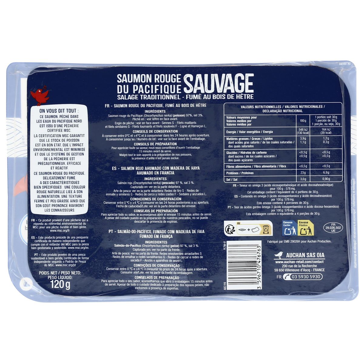 AUCHAN Saumon sauvage rouge du Pacifique fumé MSC 4 tranches 120g