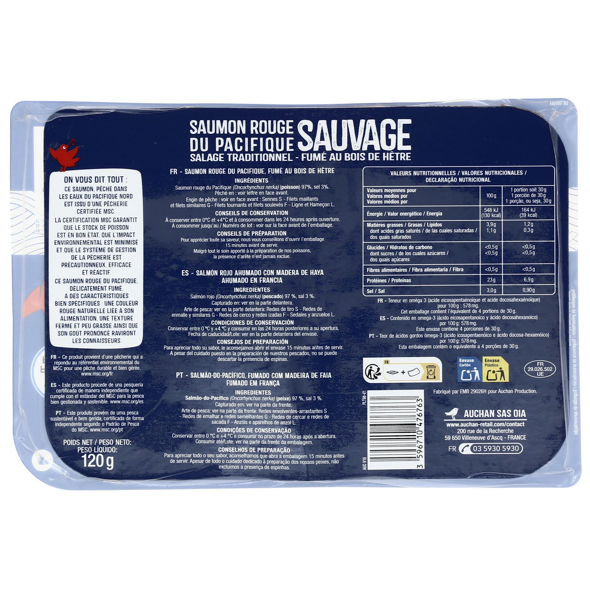 Voir la diapositive 3 : AUCHAN Saumon sauvage rouge du Pacifique fumé MSC 4 tranches 120g
