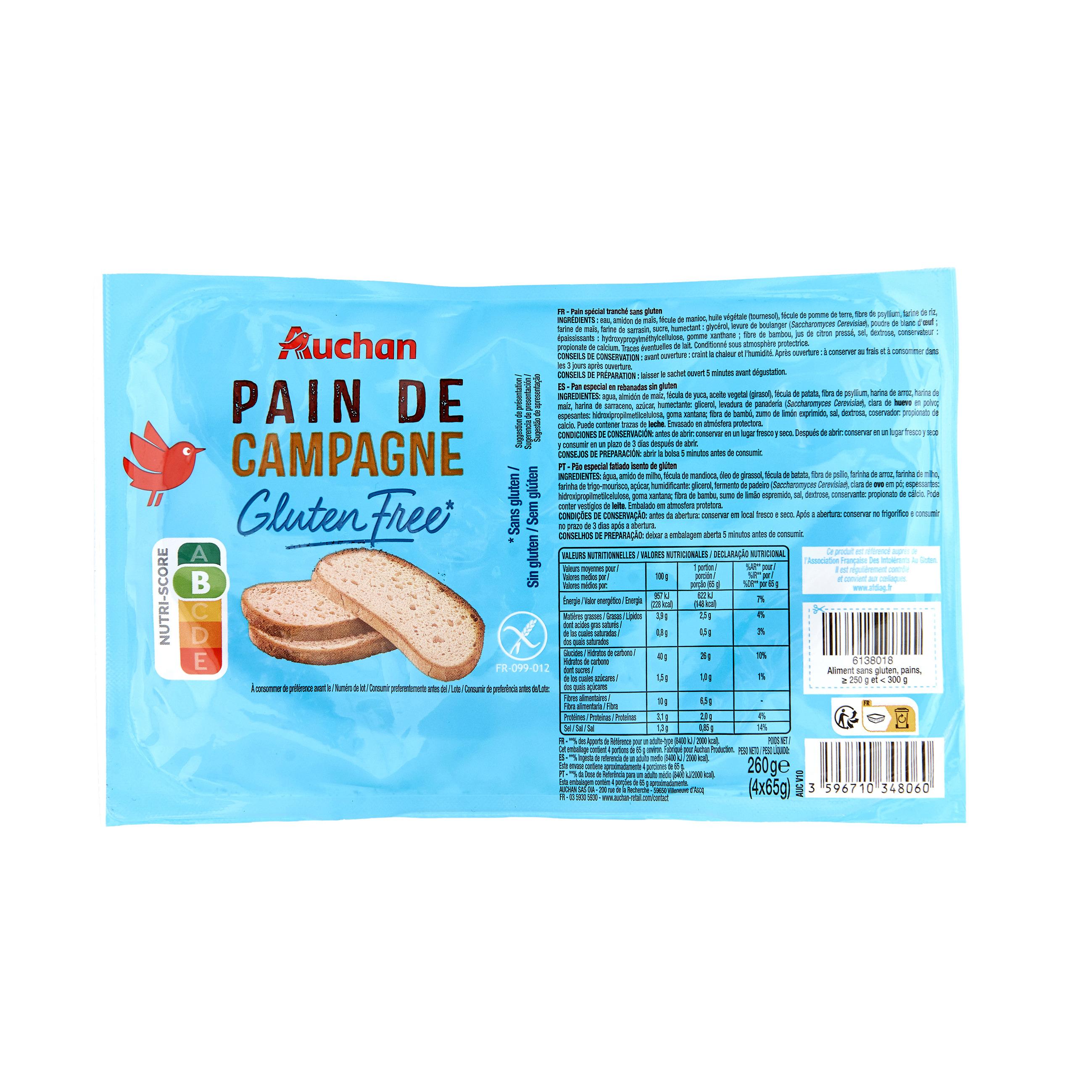Voir la diapositive 2 : AUCHAN Pain de campagne sans gluten 4 tranches 260g