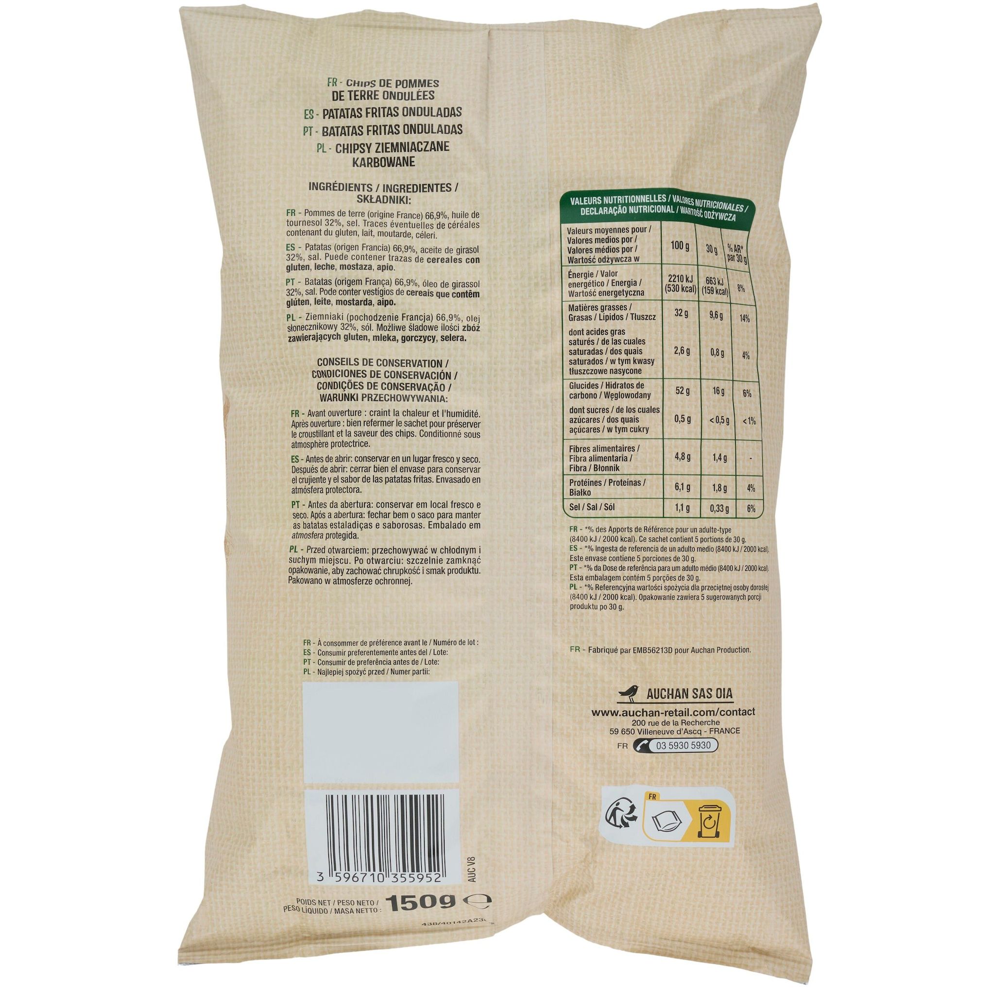 Voir la diapositive 4 : AUCHAN Chips paysannes ondulées nature 150g