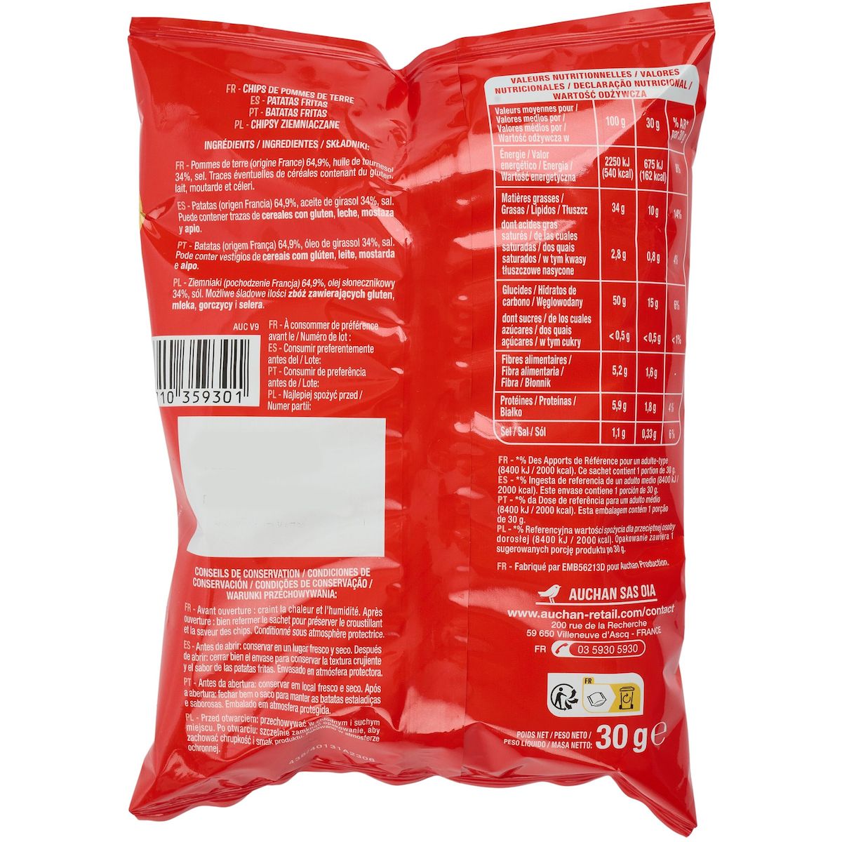 AUCHAN Chips nature fines et croustillantes en sachets individuels 6 sachets 6x30g