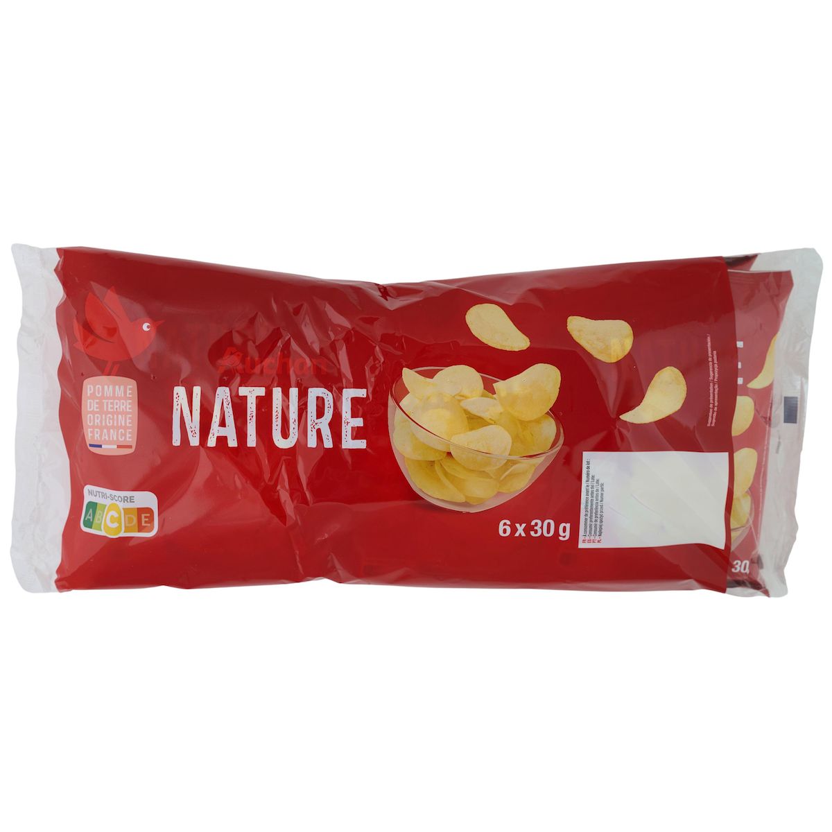 AUCHAN Chips nature fines et croustillantes en sachets individuels 6 sachets 6x30g