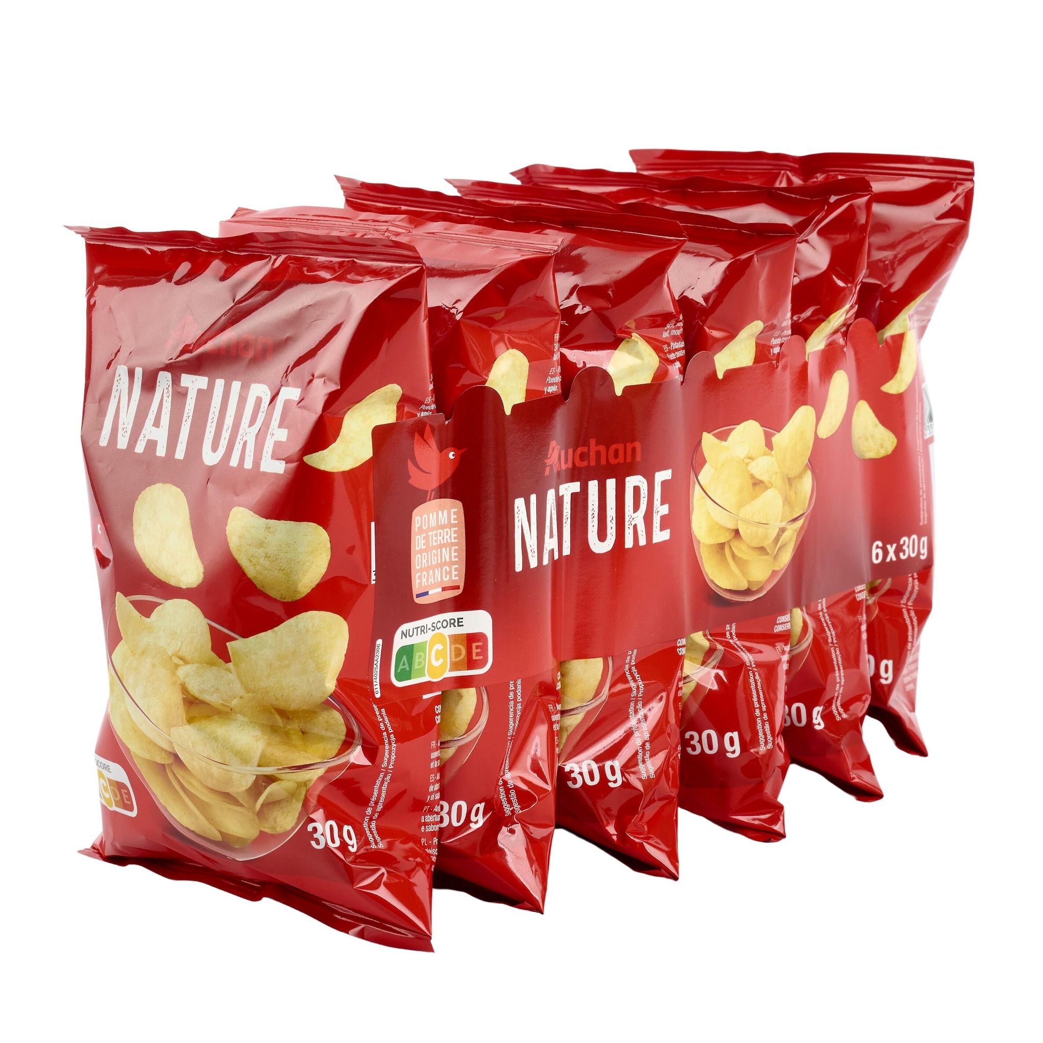 Voir la diapositive 3 : AUCHAN Chips nature fines et croustillantes en sachets individuels 6 sachets 6x30g
