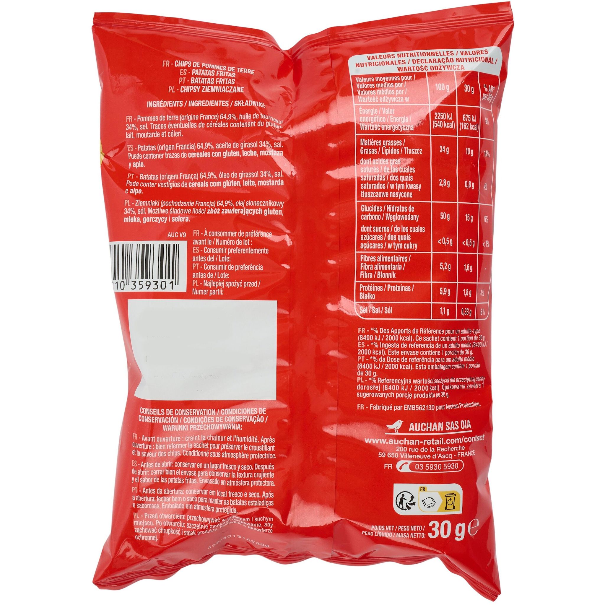 Voir la diapositive 4 : AUCHAN Chips nature fines et croustillantes en sachets individuels 6 sachets 6x30g