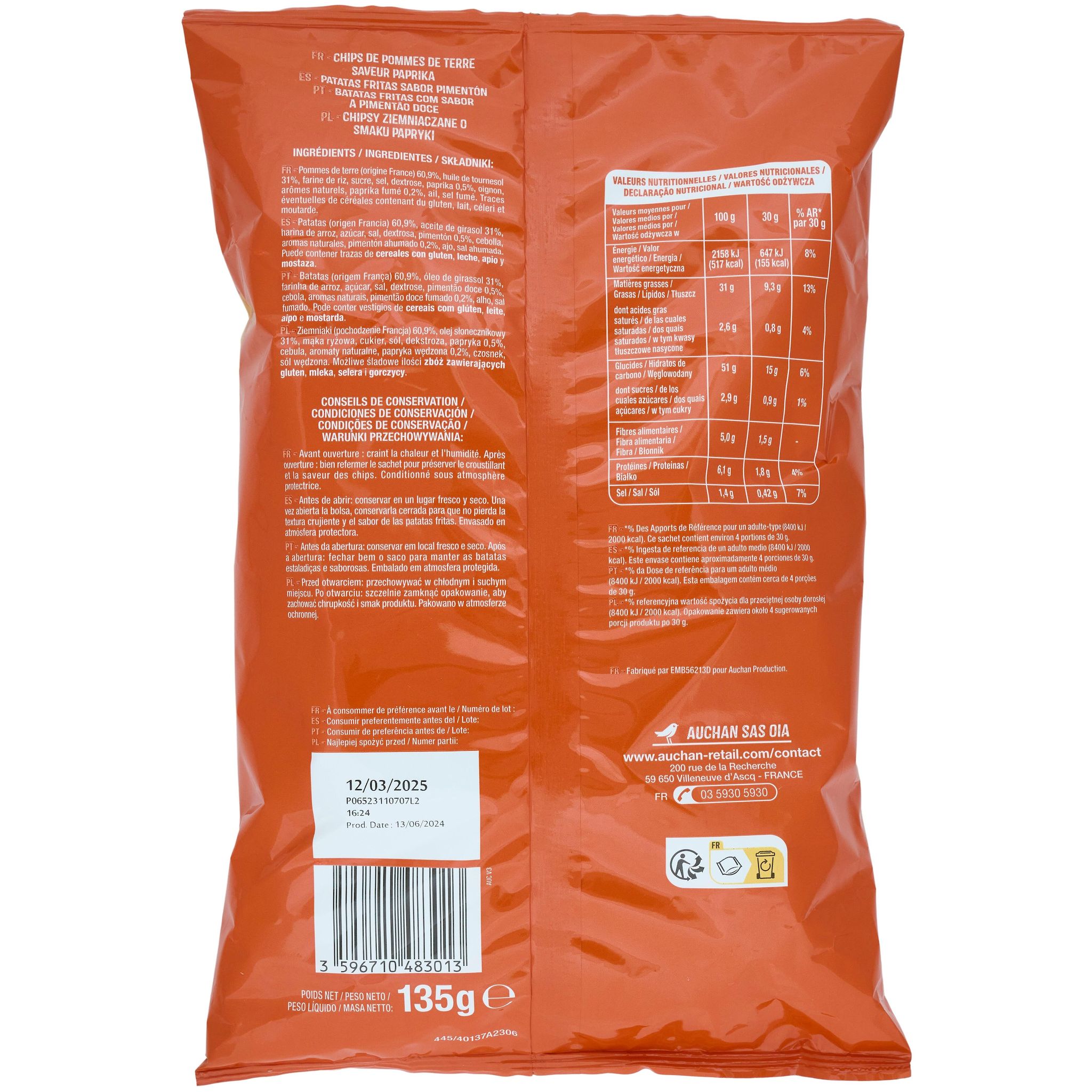 Voir la diapositive 2 : AUCHAN Chips saveur paprika 135g