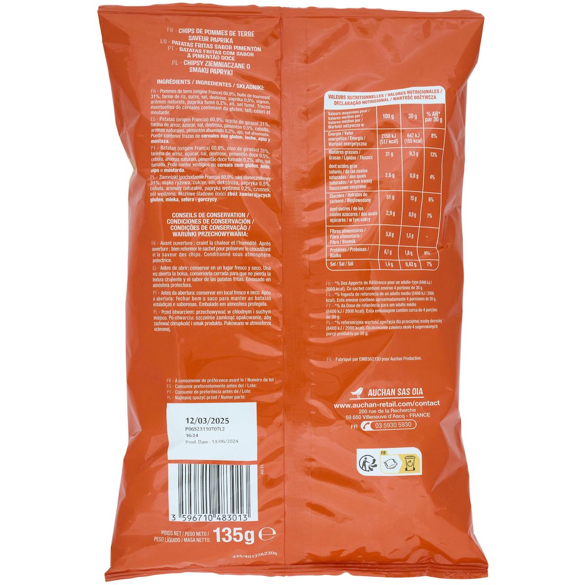 AUCHAN Chips saveur paprika 135g