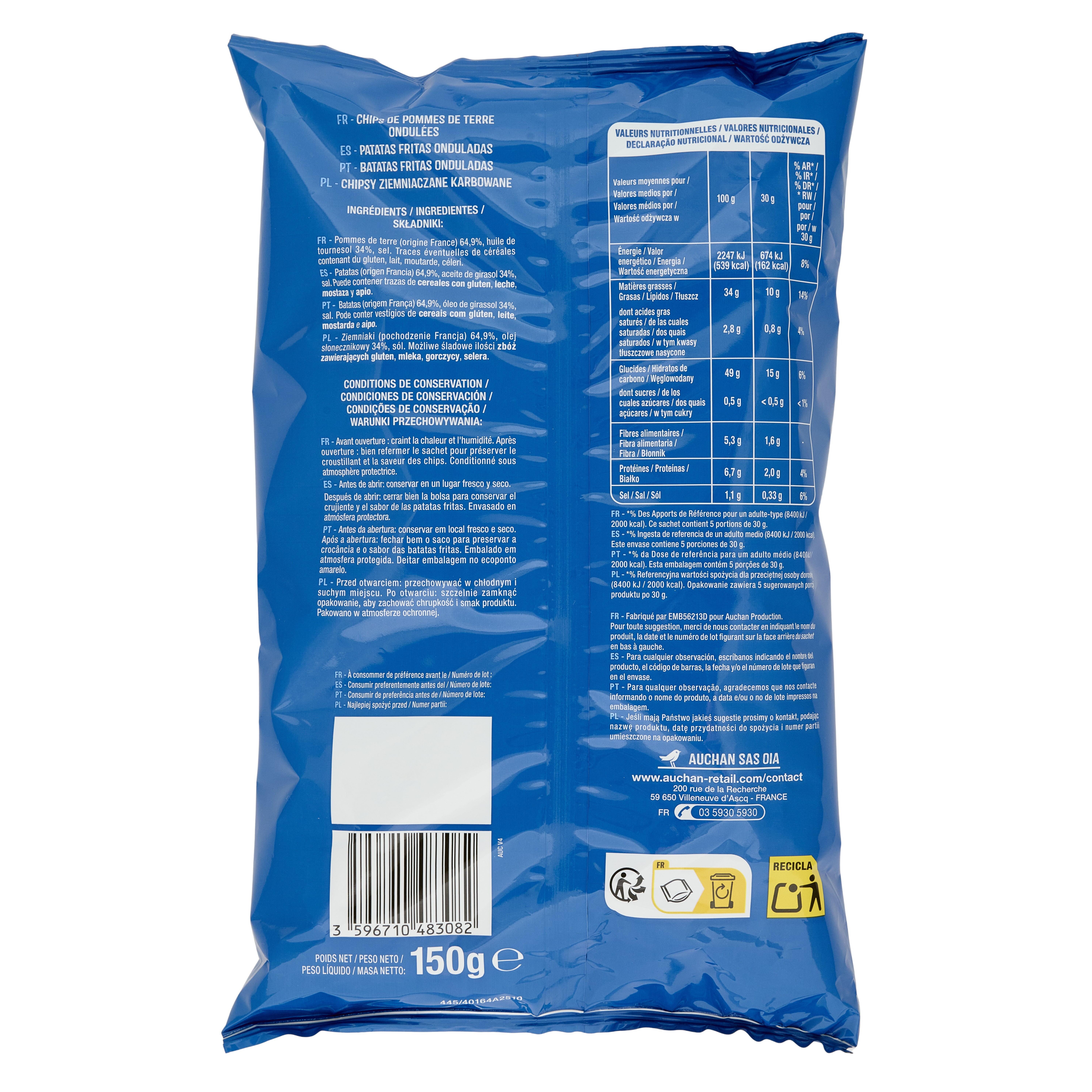 Voir la diapositive 2 : AUCHAN Chips ondulées nature 150g