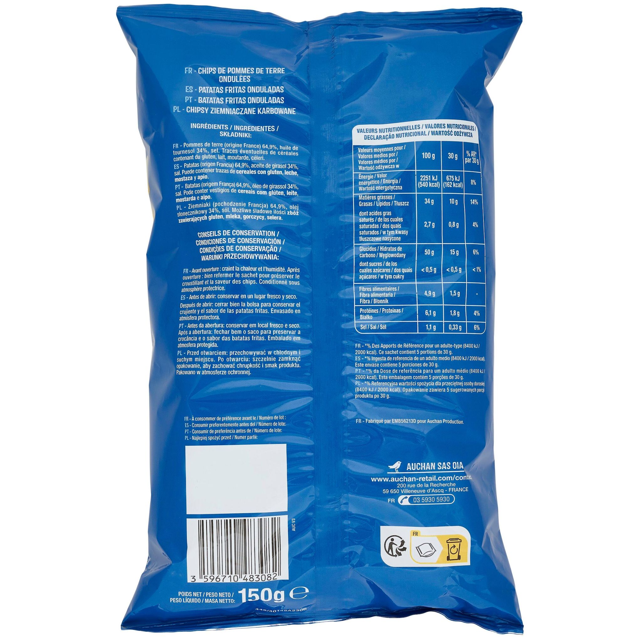 Voir la diapositive 2 : AUCHAN Chips ondulées nature 150g
