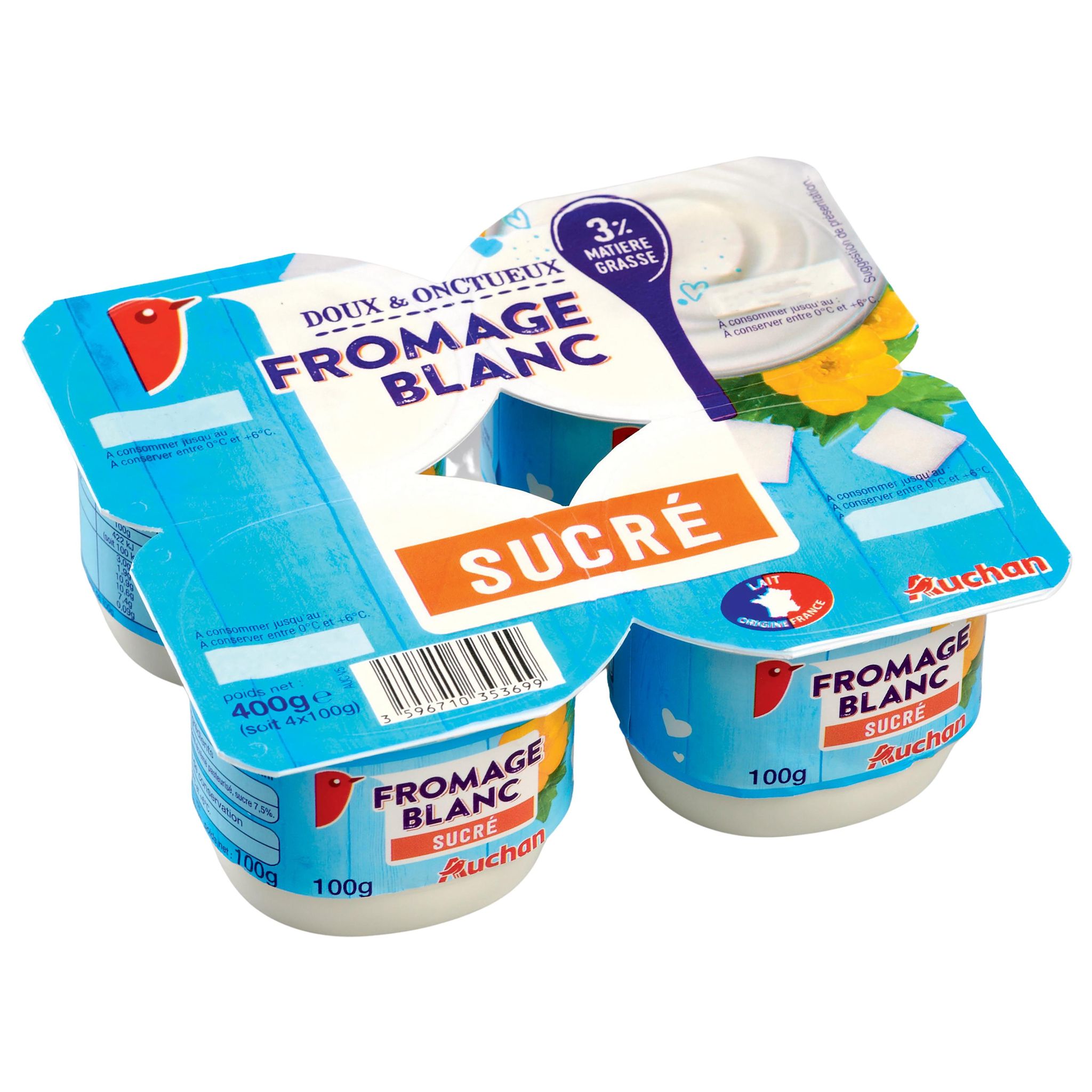 Voir la diapositive 2 : AUCHAN Fromage blanc sucré 3% MG 4x100g