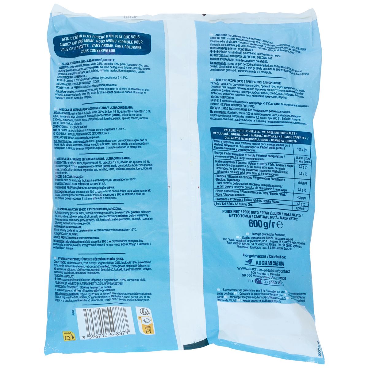 AUCHAN Mélange de légumes verts vapeur en sachet individuel 3 portions 600g