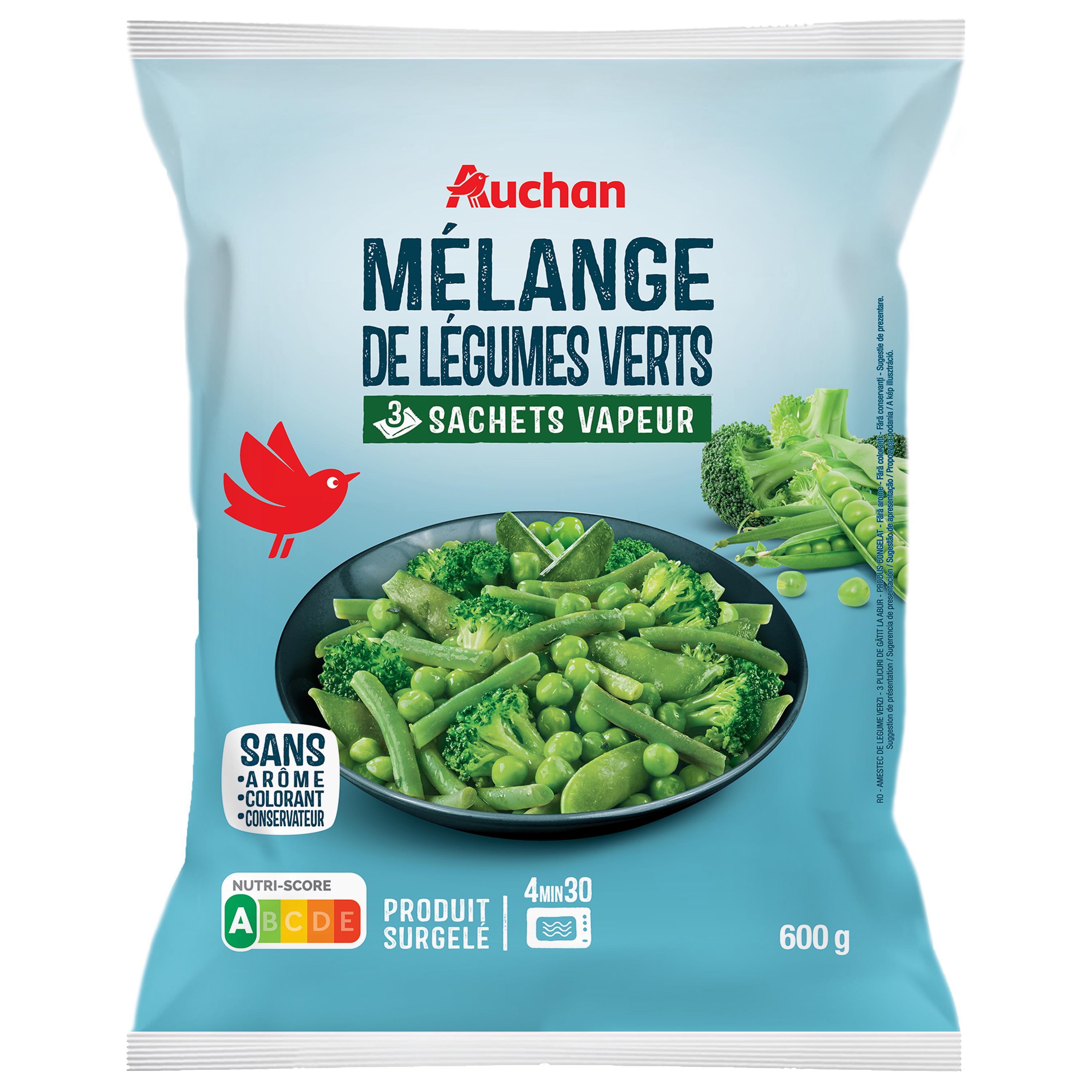 Voir la diapositive 4 : AUCHAN Mélange de légumes verts vapeur en sachet individuel 3 portions 600g
