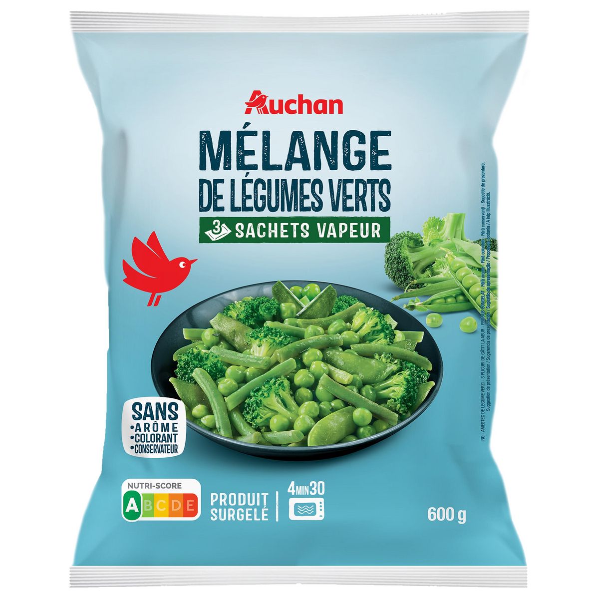 AUCHAN Mélange de légumes verts vapeur en sachet individuel 3 portions 600g