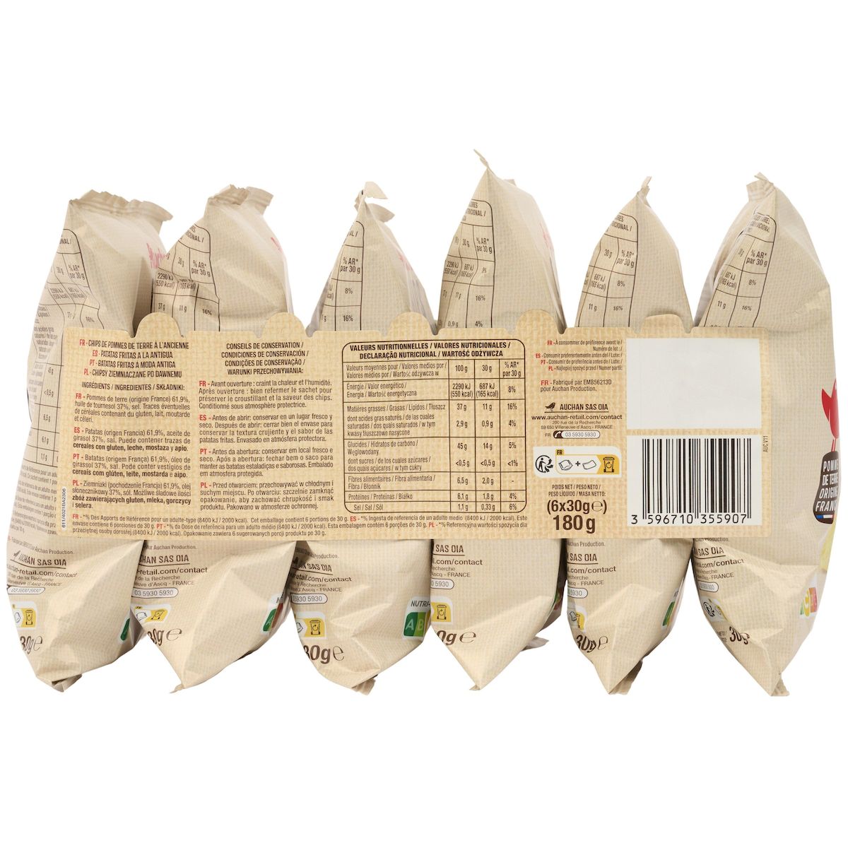 AUCHAN Chips à l'ancienne en sachets individuels 6 sachets 6x30g